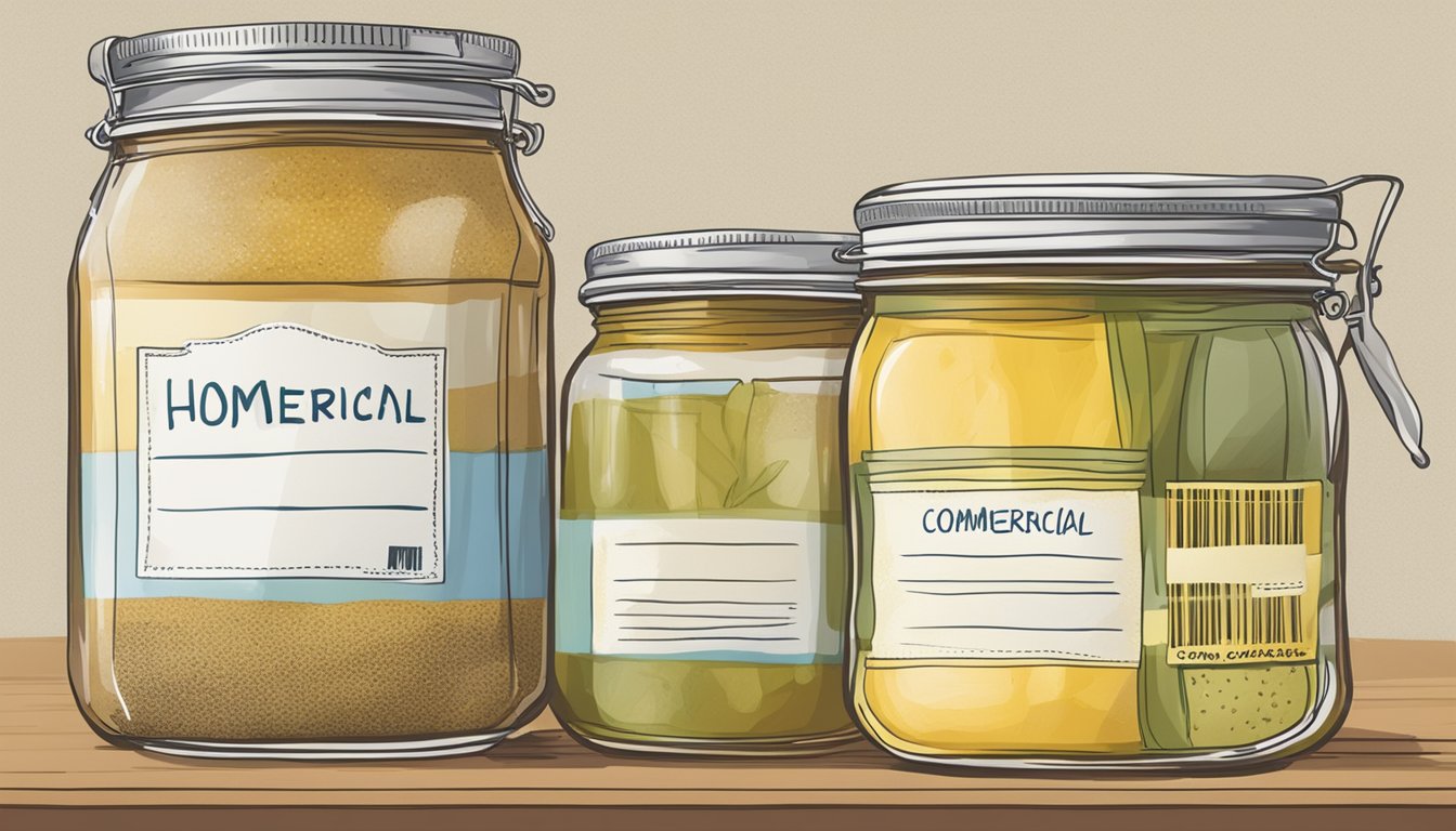 A kitchen counter with two jars of broth - one labeled "Commercial" and the other "Homemade." The Commercial jar has a barcode, while the Homemade jar has handwritten labeling