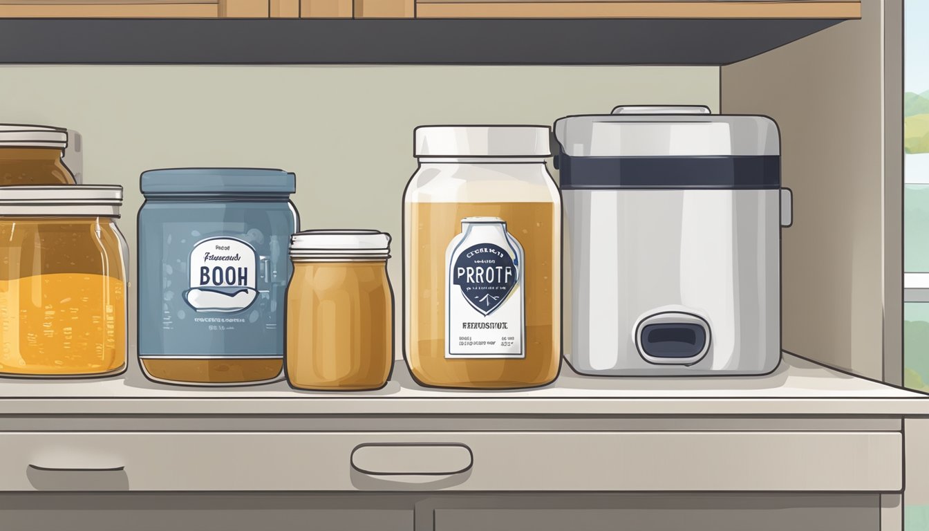 A glass jar of bone broth sits on a shelf, next to a refrigerator. The label indicates the date it was made, and a thermometer shows the temperature of the room