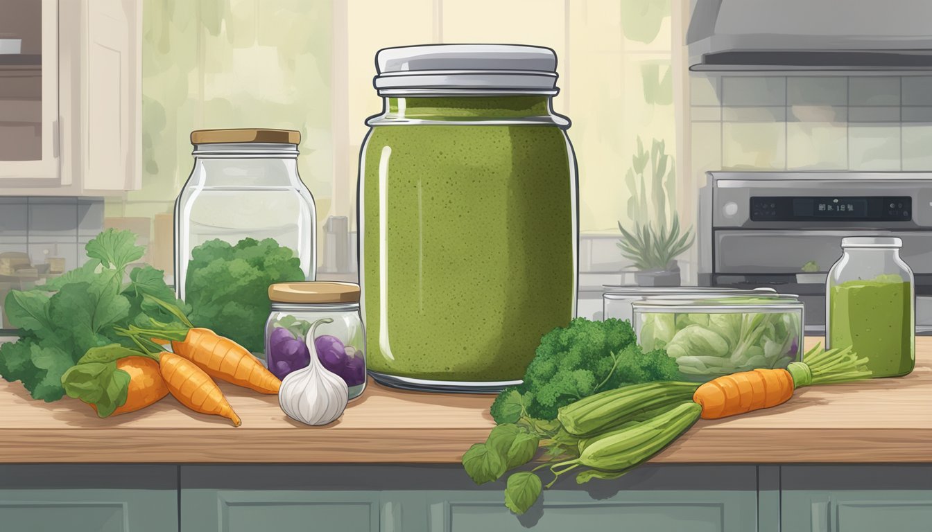 A jar of green Thai curry paste sits on a kitchen shelf, surrounded by expired vegetables and moldy leftovers