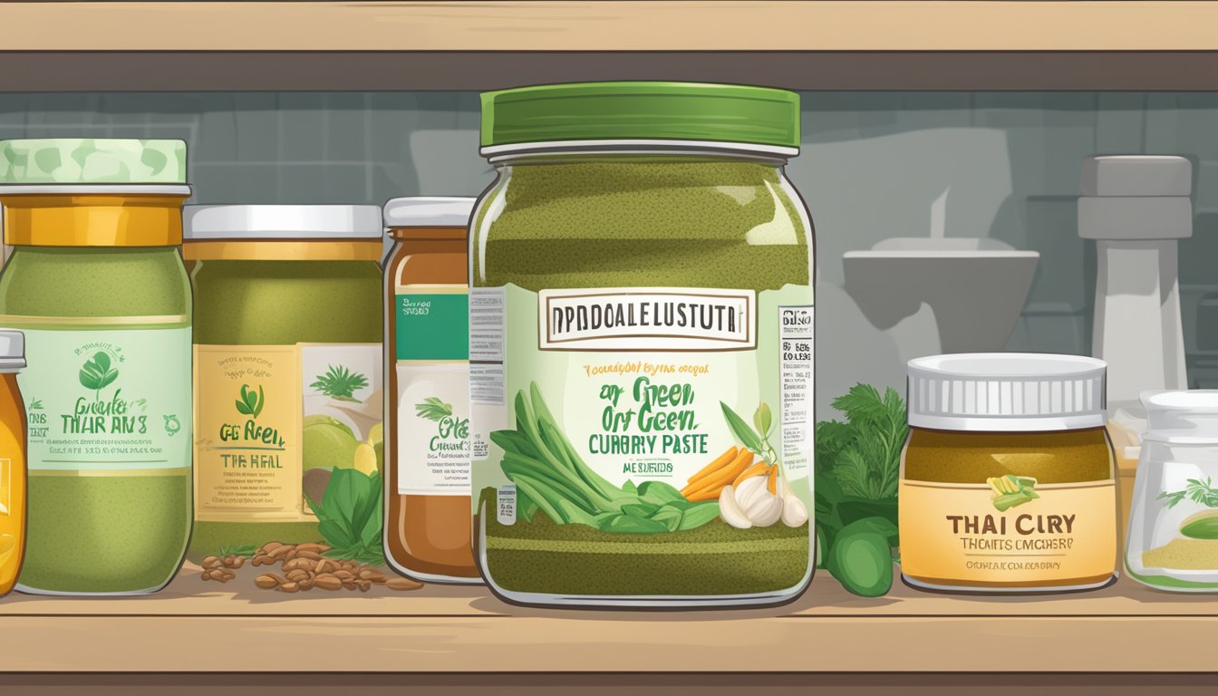 A jar of green Thai curry paste sits on a kitchen shelf, surrounded by other spices and condiments. The label shows the expiration date, emphasizing safe usage practices