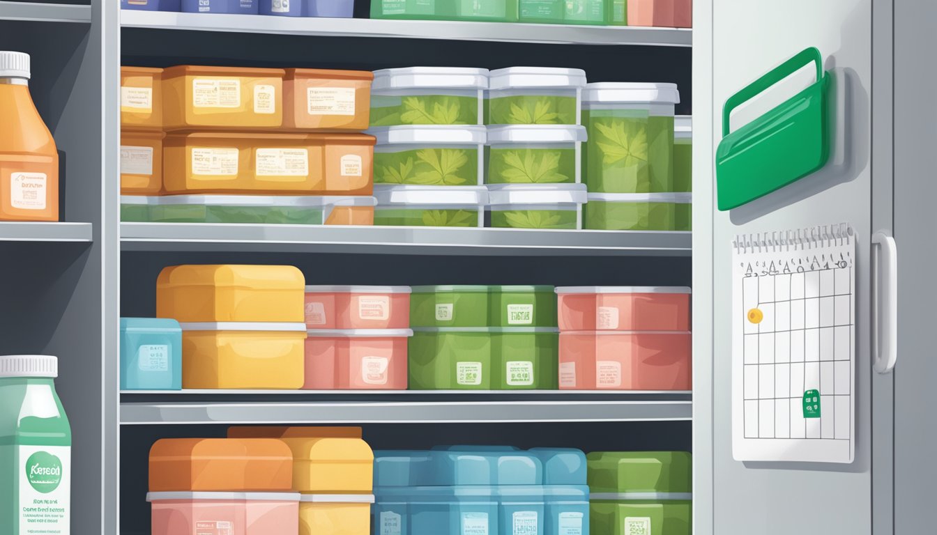 A sealed package of leaf gelatin sits on a pantry shelf next to a temperature-controlled storage container, with a calendar showing expiration dates