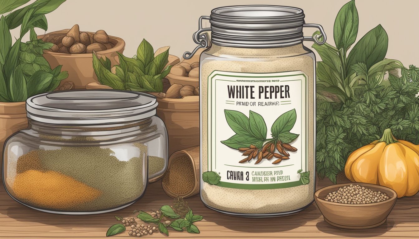 A jar of white pepper sits on a kitchen counter, surrounded by various spices and herbs. The label is faded, indicating its age