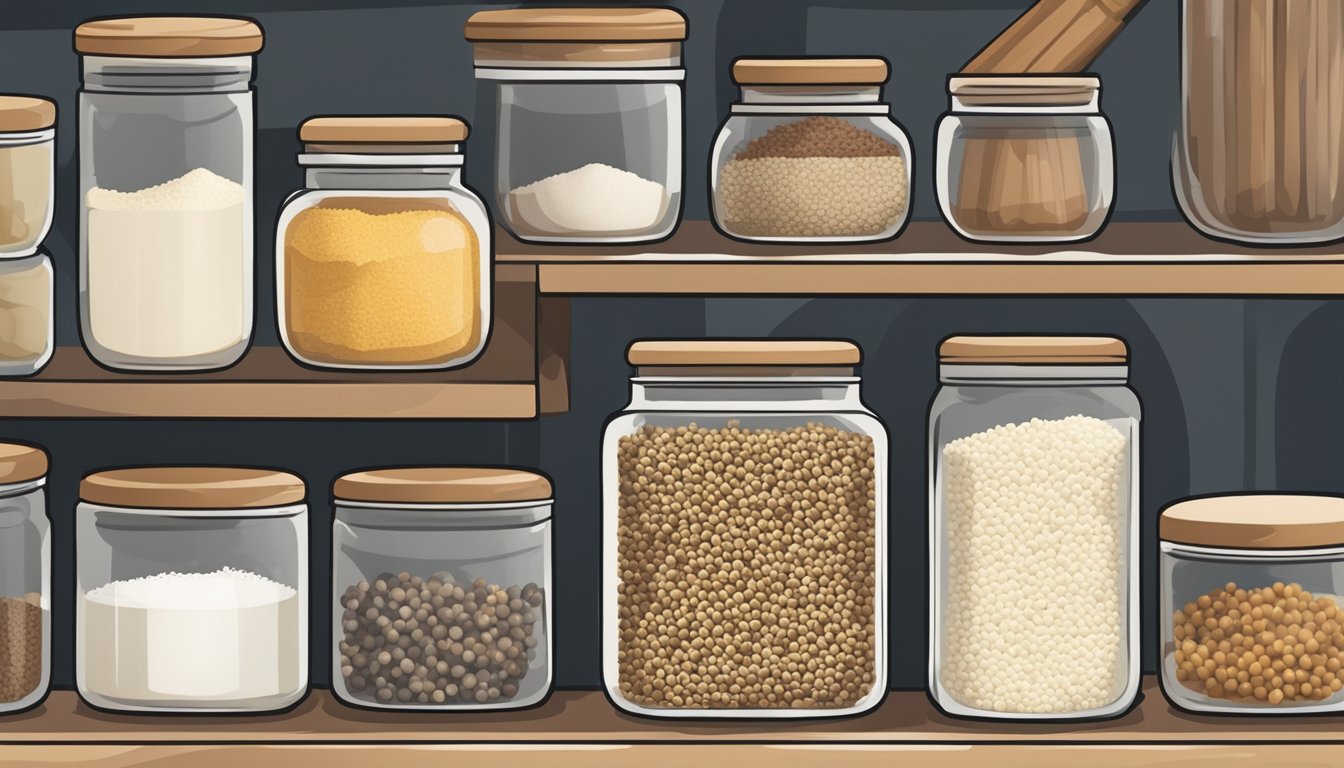 A jar of white pepper sits on a shelf surrounded by other spices and containers in a well-organized pantry