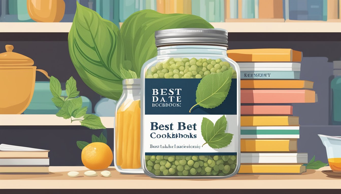 A glass jar of leaf gelatin sits on a shelf next to a stack of cookbooks. The jar is labeled with a "best by" date and is surrounded by other baking ingredients