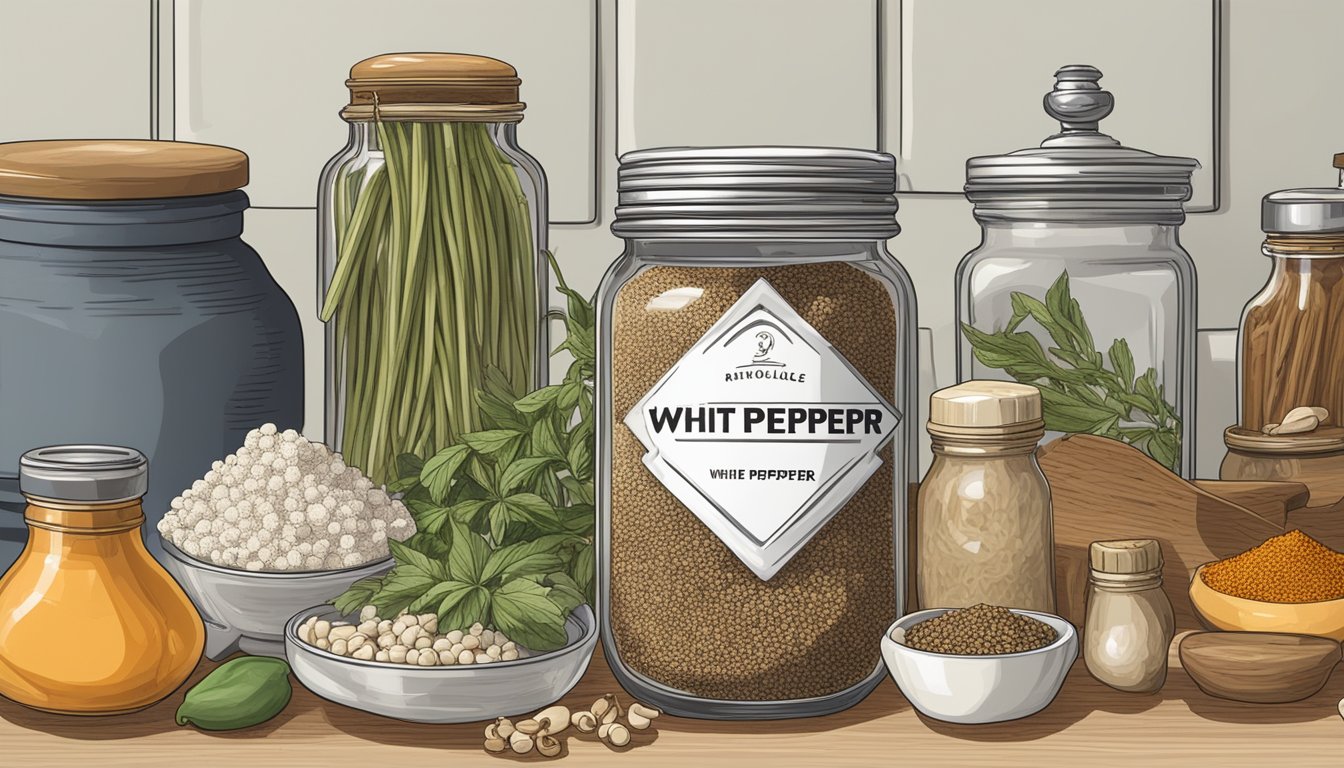 A jar of white pepper sits on a kitchen counter, surrounded by various spices and ingredients. The pepper appears discolored and clumped together, indicating potential spoilage