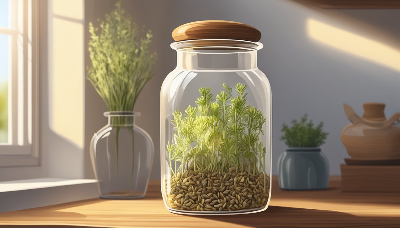 A clear glass jar filled with fennel seeds sits on a wooden shelf, next to a small container of dried herbs. Sunlight streams through a nearby window, casting a warm glow on the spices