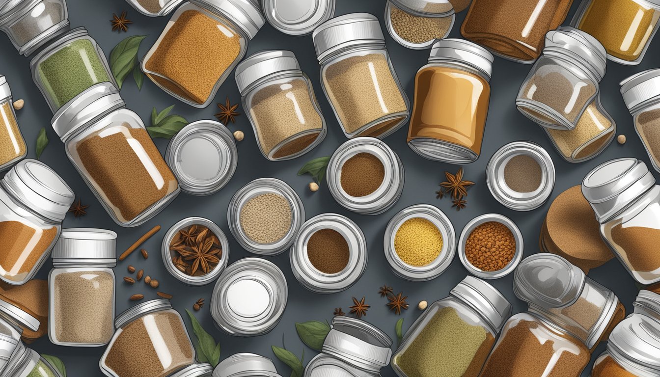 A pile of expired spice jars, including white pepper, sits on a dusty kitchen shelf