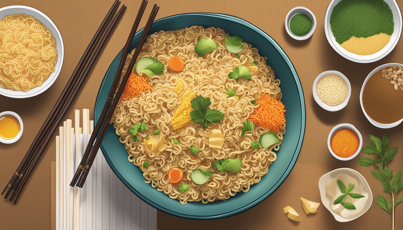 A steaming bowl of instant noodles sits on a table, surrounded by colorful seasoning packets and chopsticks