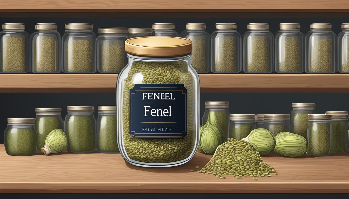 A glass jar of fennel seeds sits on a kitchen shelf, with a label indicating the date of purchase. The jar is tightly sealed, protecting the seeds from light and moisture