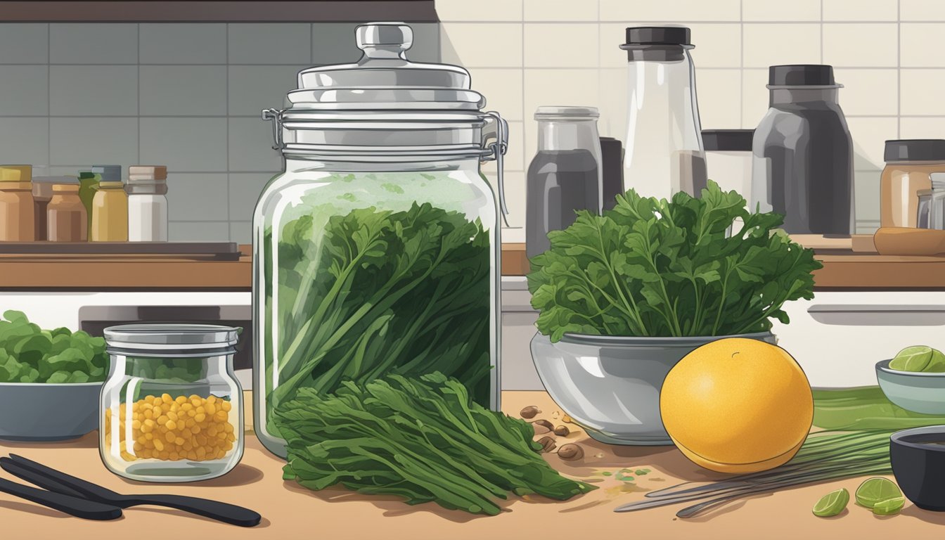 A clear glass jar of wakame sits on a kitchen counter, surrounded by various ingredients and utensils. The wakame appears fresh and vibrant, with no signs of spoilage