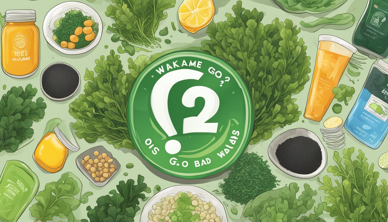 A vibrant illustration of fresh wakame seaweed surrounded by various nutrient labels and a question mark symbolizing the query "does wakame go bad?"