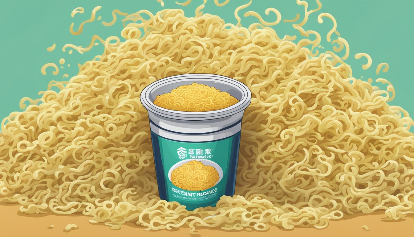 A packet of instant noodle seasoning sits next to a pile of expired and moldy noodles, emitting a foul odor