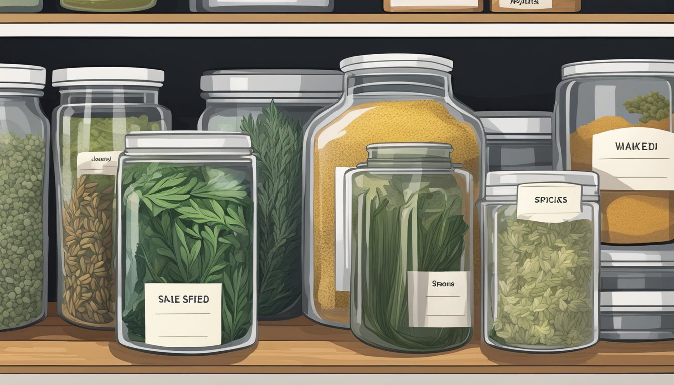 A clear glass jar filled with dried wakame seaweed sits on a shelf next to other neatly labeled containers of various spices and ingredients