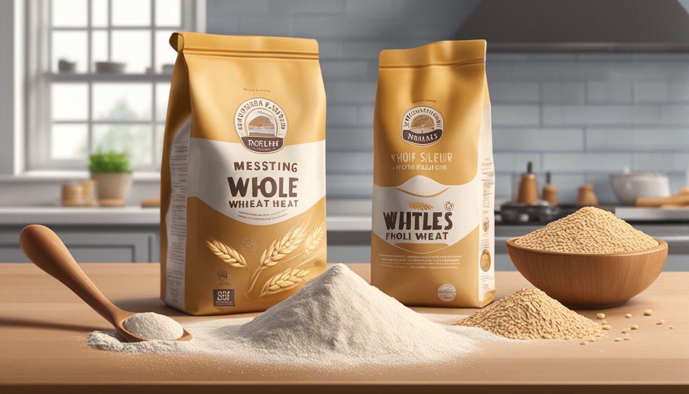 A bag of whole wheat flour sits on a kitchen counter, next to a measuring cup and a wooden spoon. The flour is spilling out of the bag, creating a messy but inviting scene