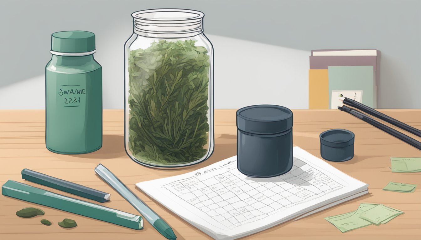 A clear glass jar filled with dried wakame seaweed sits on a kitchen counter next to a calendar and a small notebook with handwritten notes