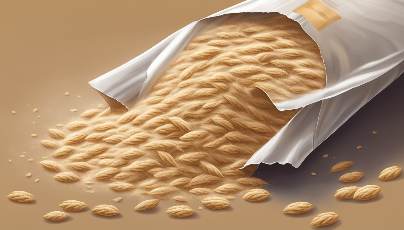 Whole wheat flour spilling from torn packaging, exposed to moisture and air, causing spoilage