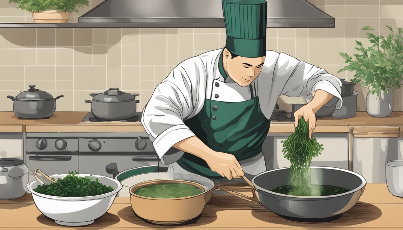 A chef adding fresh wakame to a steaming pot of miso soup