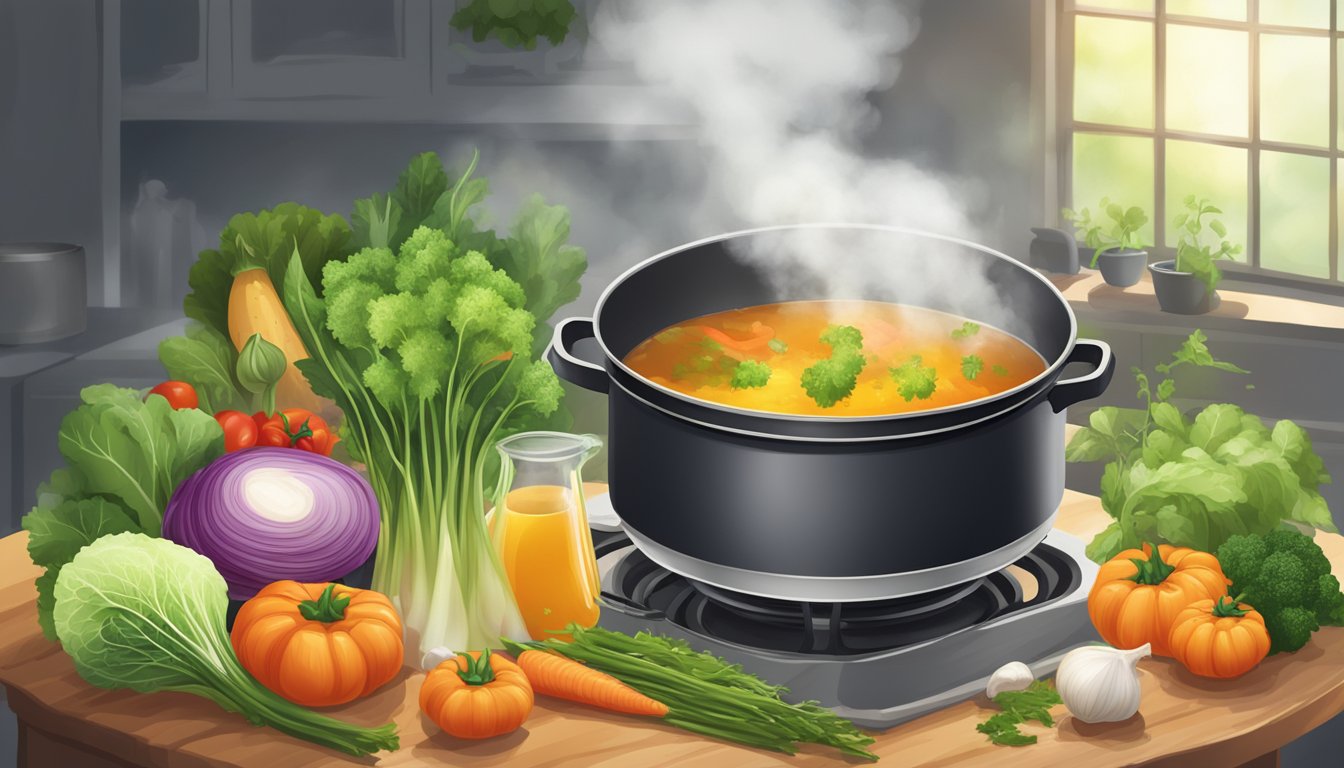 A pot of vegetable broth simmering on a stove, steam rising from the surface, surrounded by various fresh vegetables and herbs