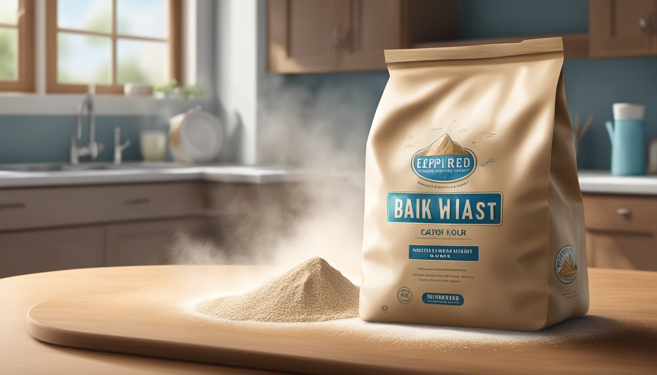 A bag of expired whole wheat flour sits on a kitchen counter, with a cloud of dust rising as it is opened. The flour appears clumpy and discolored