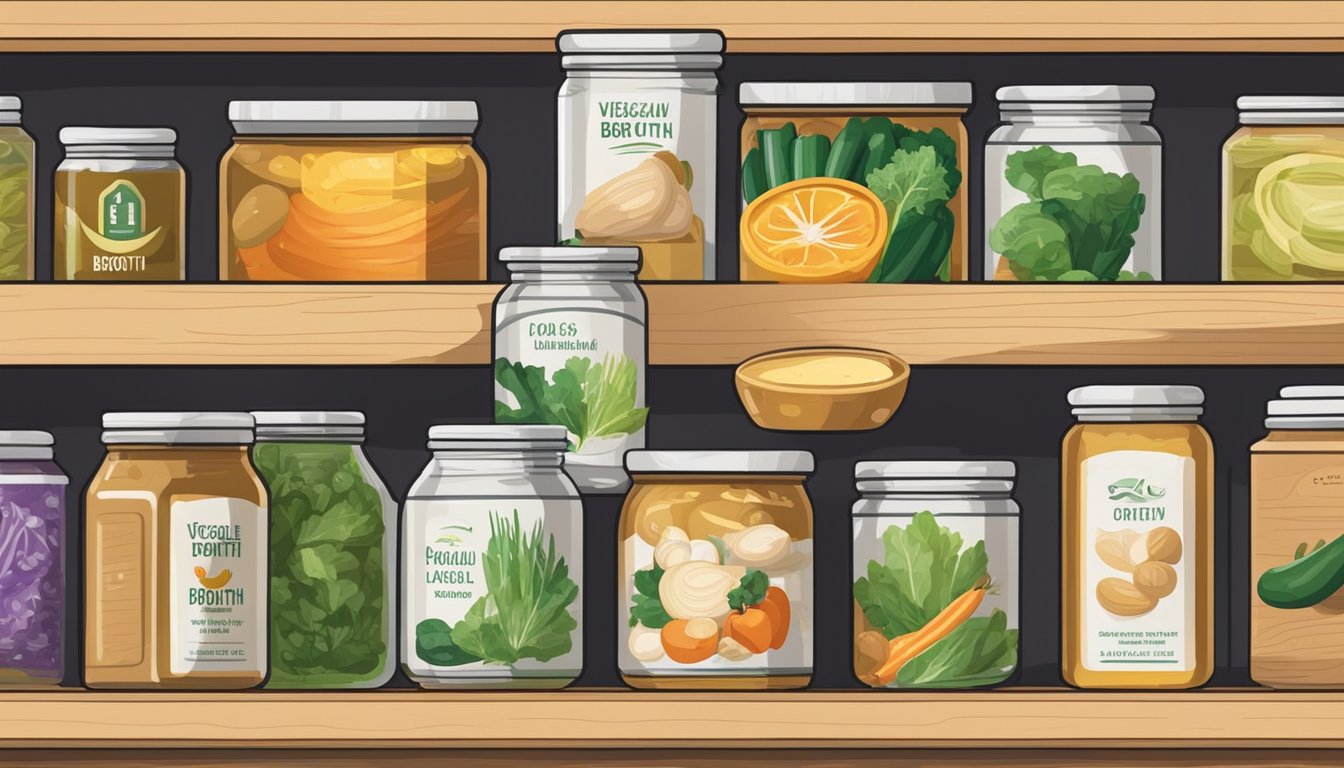 A jar of vegetable broth sits on a pantry shelf, surrounded by other canned goods. The label is clean and intact, and the liquid inside is still and clear