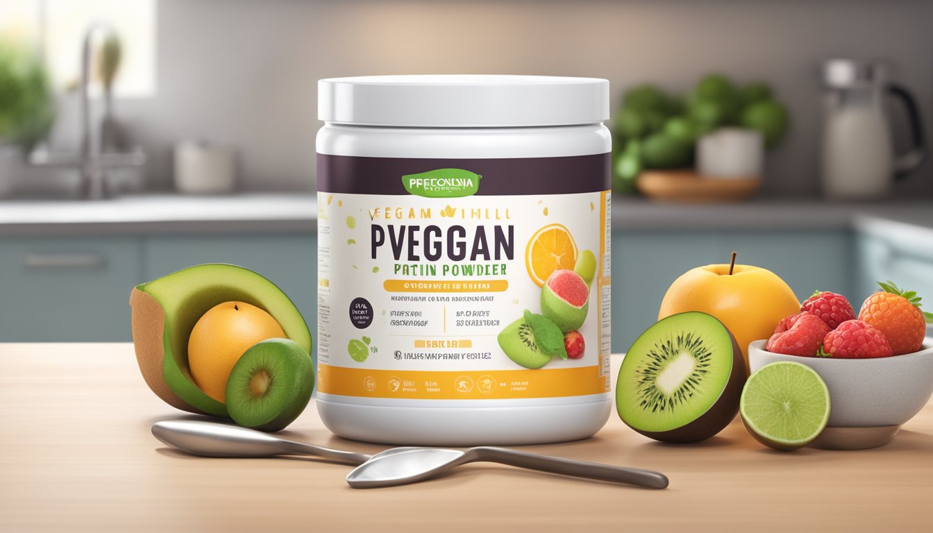 A clear, unopened tub of vegan protein powder sits on a clean, well-lit kitchen counter, surrounded by various fresh fruits and a measuring scoop