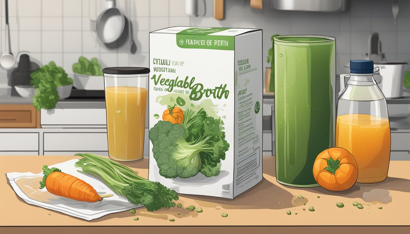 A half-opened, leaking carton of vegetable broth sits on a kitchen counter, surrounded by moldy vegetables and a foul odor