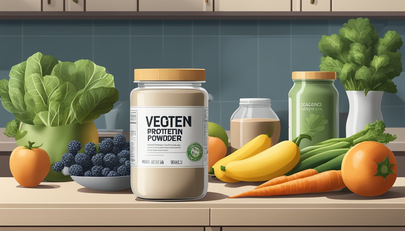 A jar of vegan protein powder sits on a clean, organized kitchen counter, surrounded by fresh fruits and vegetables. The expiration date is clearly visible on the label