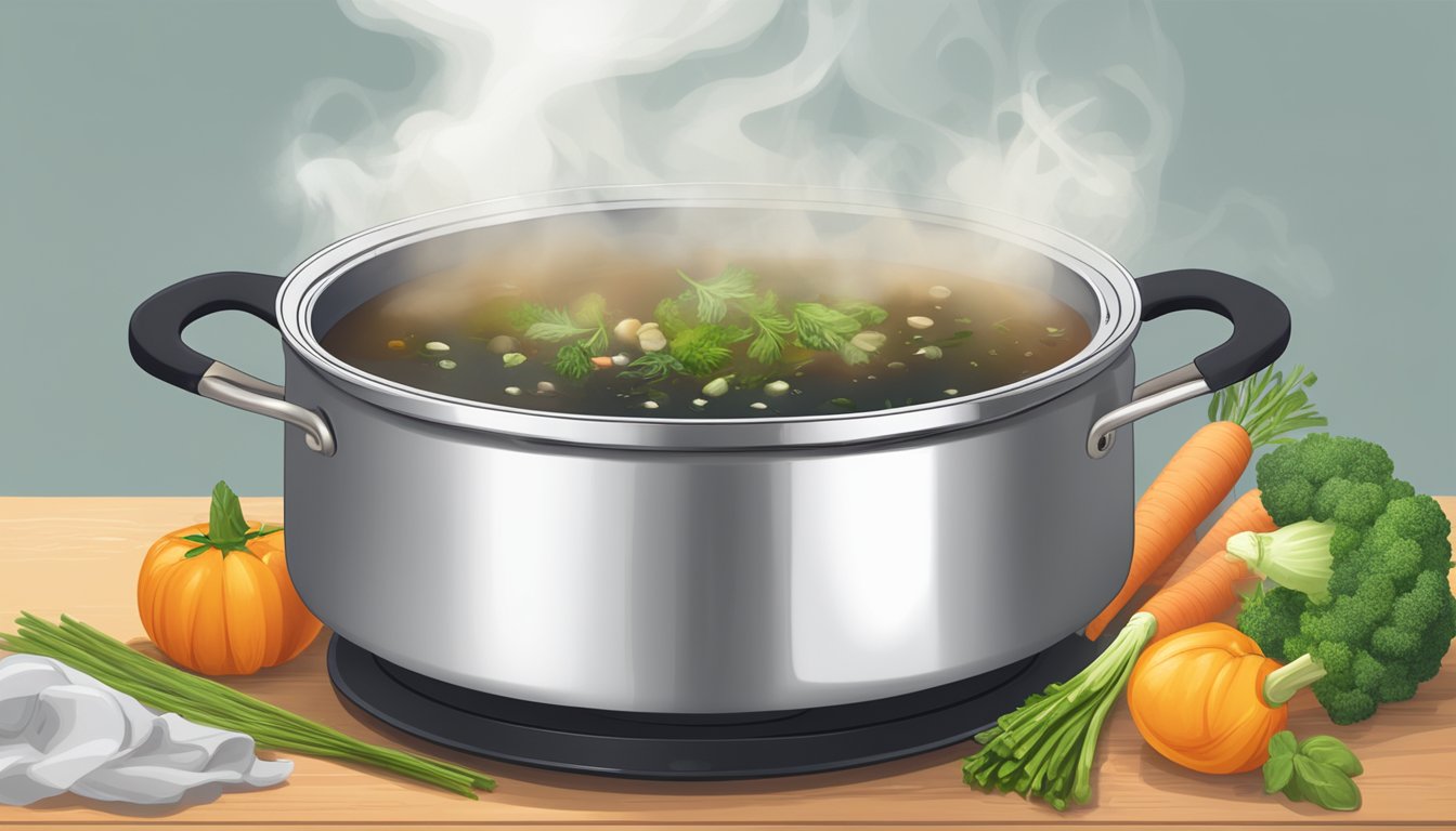 A pot of vegetable broth sits on a stovetop, steam rising from the simmering liquid. Various vegetables and herbs are visible within the broth