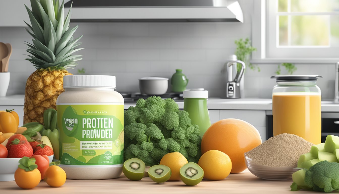 A sealed container of vegan protein powder sits on a clean, organized kitchen counter, surrounded by fresh fruits and vegetables