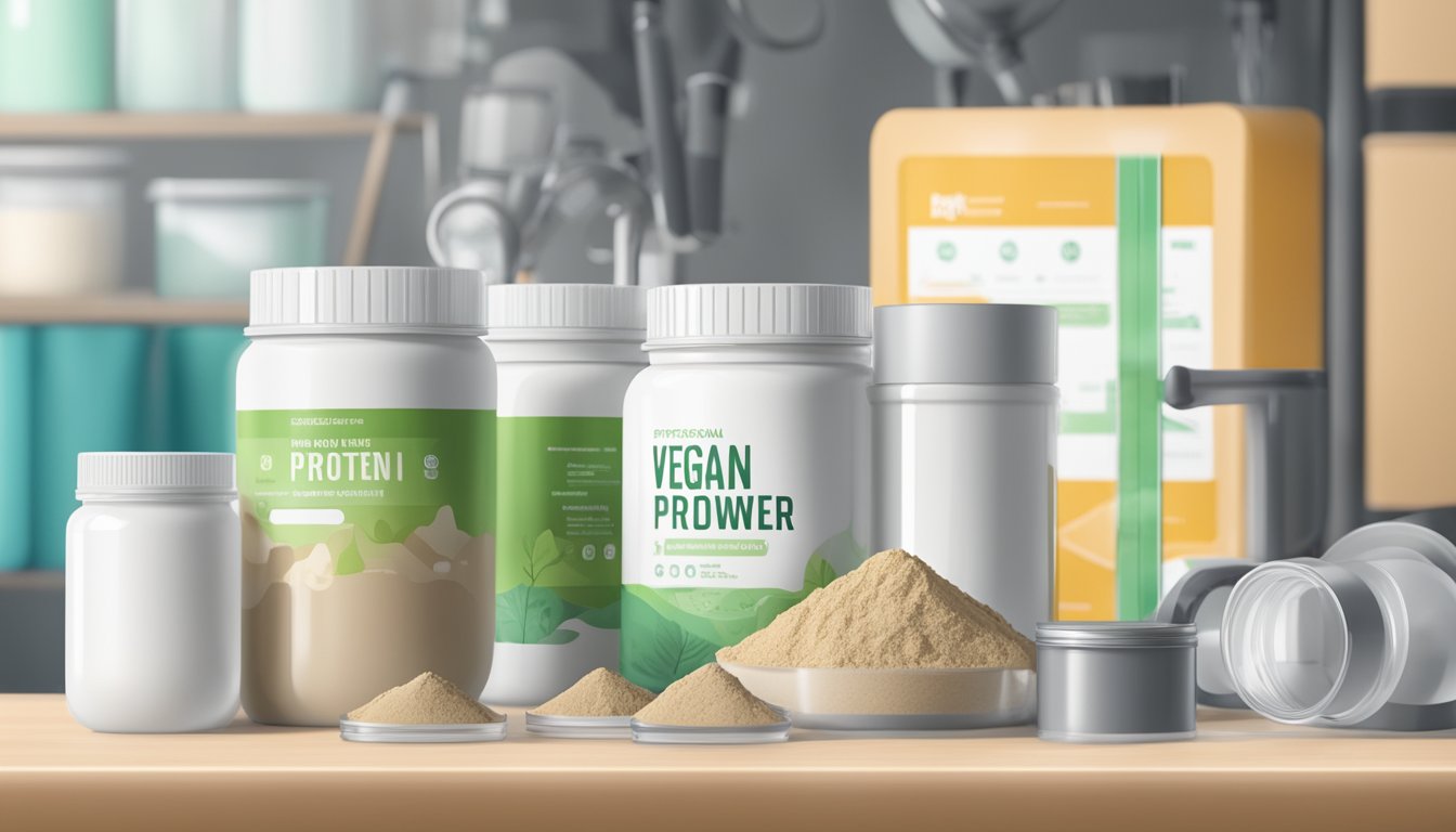 An open container of vegan protein powder with a best-by date, surrounded by various scientific equipment and charts on degradation