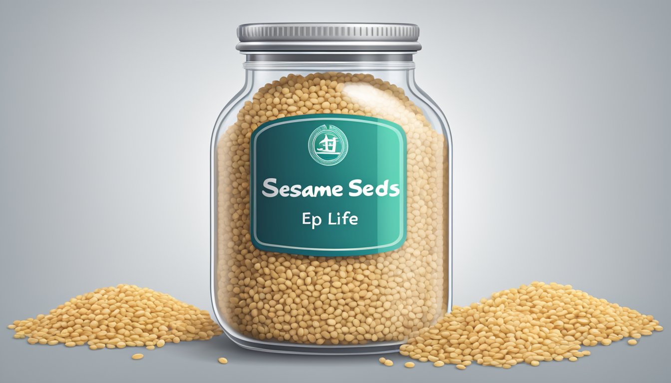 A glass jar of sesame seeds with a label indicating shelf life and quality indicators