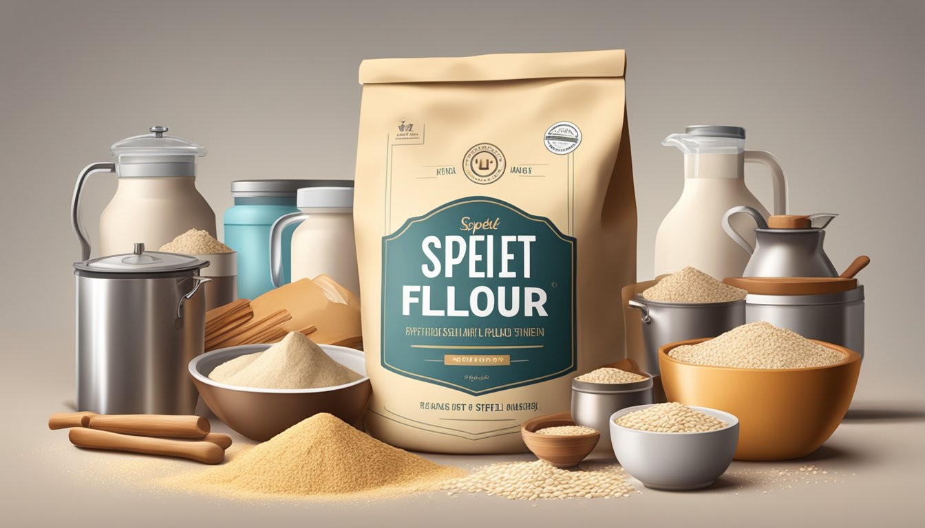 A bag of spelt flour sits on a kitchen counter, surrounded by various baking ingredients. The flour is in pristine condition, with no signs of spoilage