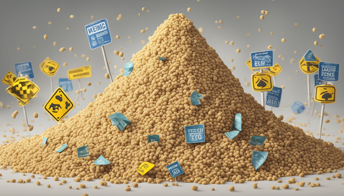 A pile of expired sesame seeds surrounded by warning signs and contaminated with mold and bacteria