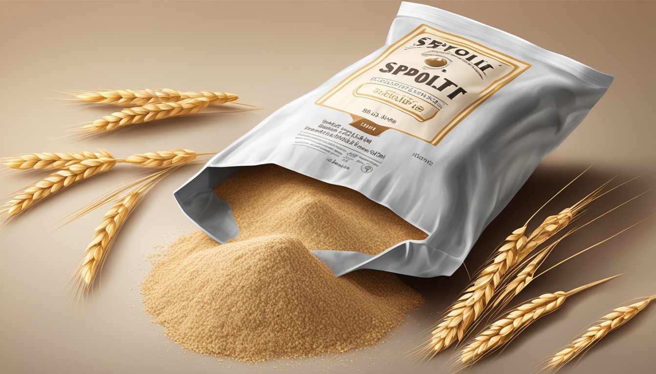 A bag of spelt flour with a visible expiration date and signs of spoilage, such as discoloration or a musty odor