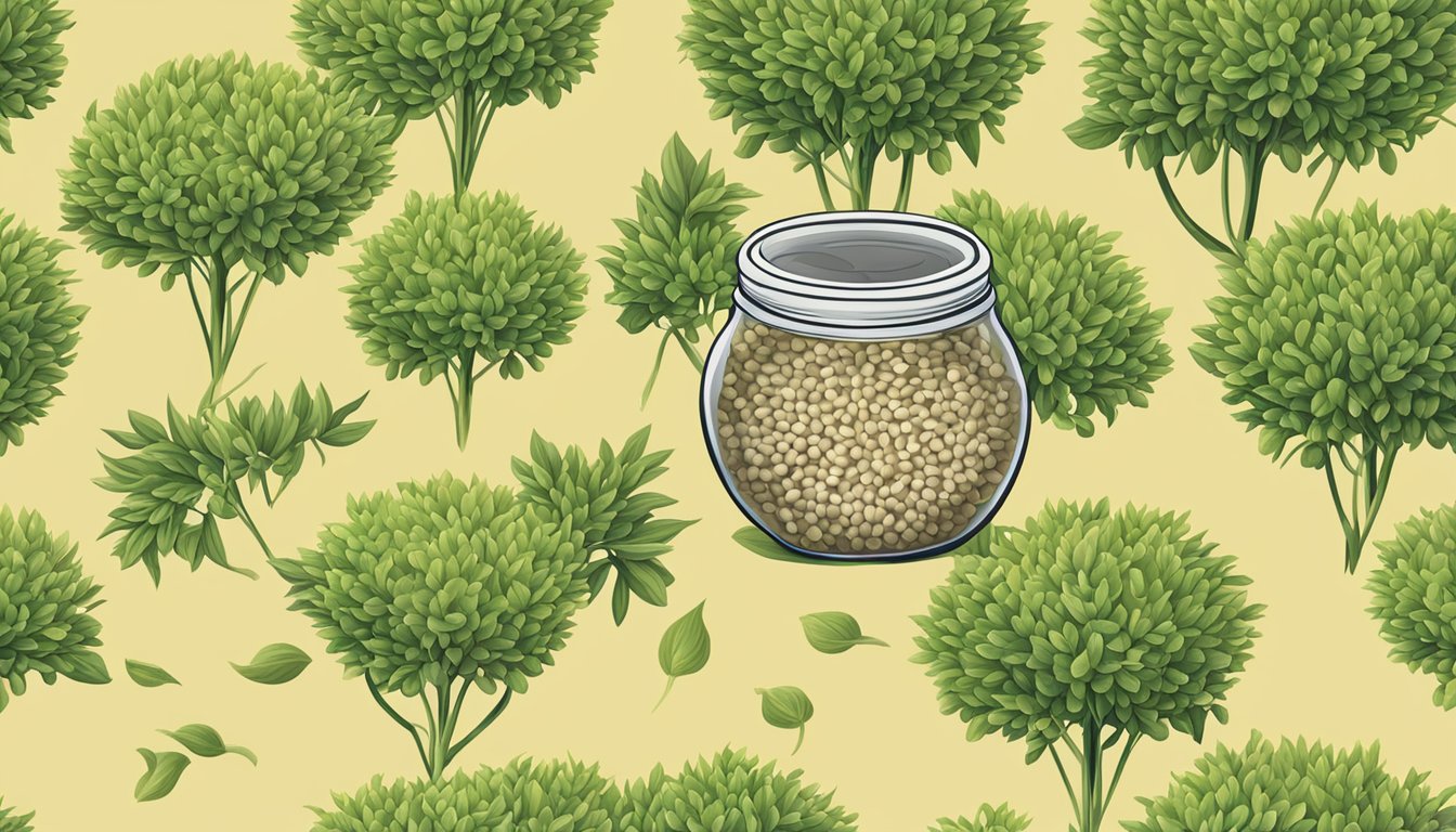 A jar of sesame seeds sealed tightly, surrounded by fresh sesame plants in a sunny field