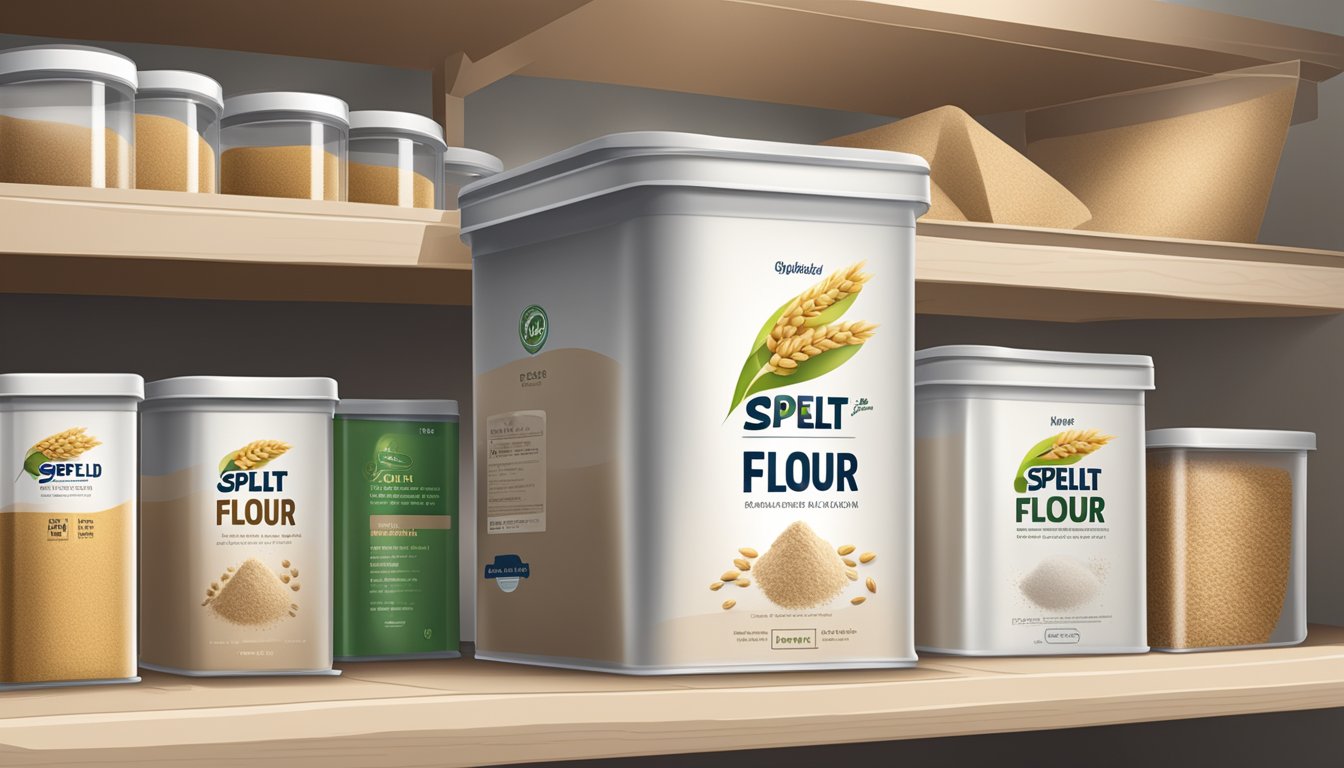 A sealed container of spelt flour on a cool, dry shelf