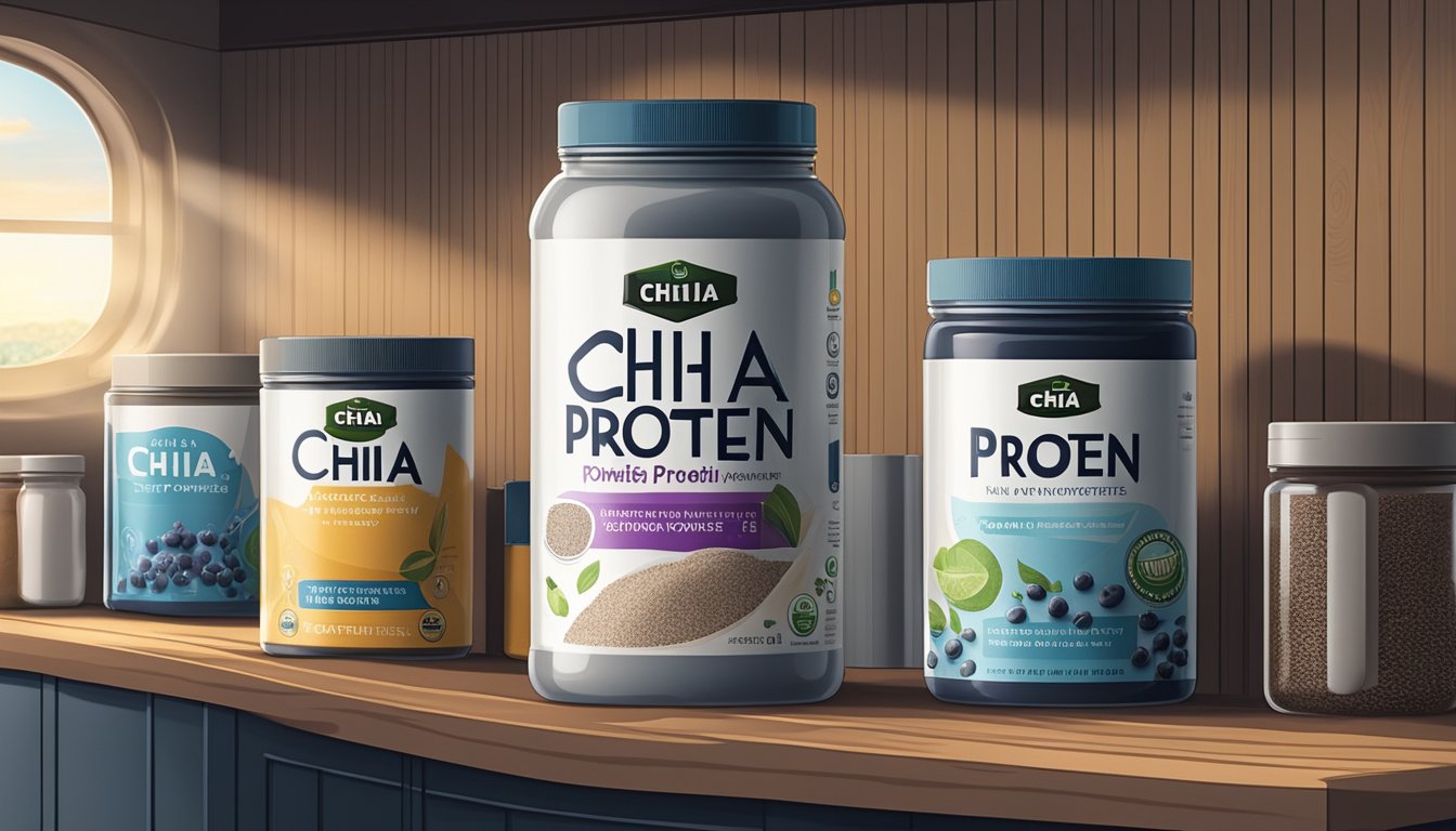 A sealed container of chia protein powder sits on a shelf in a cool, dark pantry, away from direct sunlight and moisture