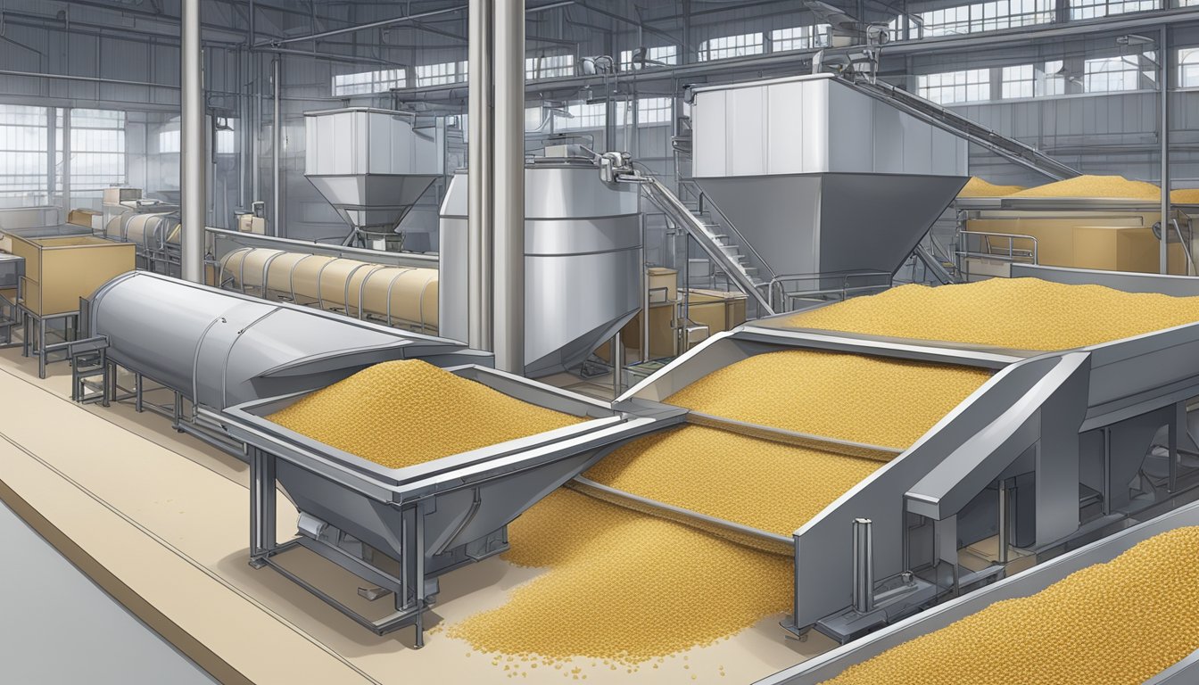 Sesame seeds being sorted, cleaned, and processed in a modern industrial facility