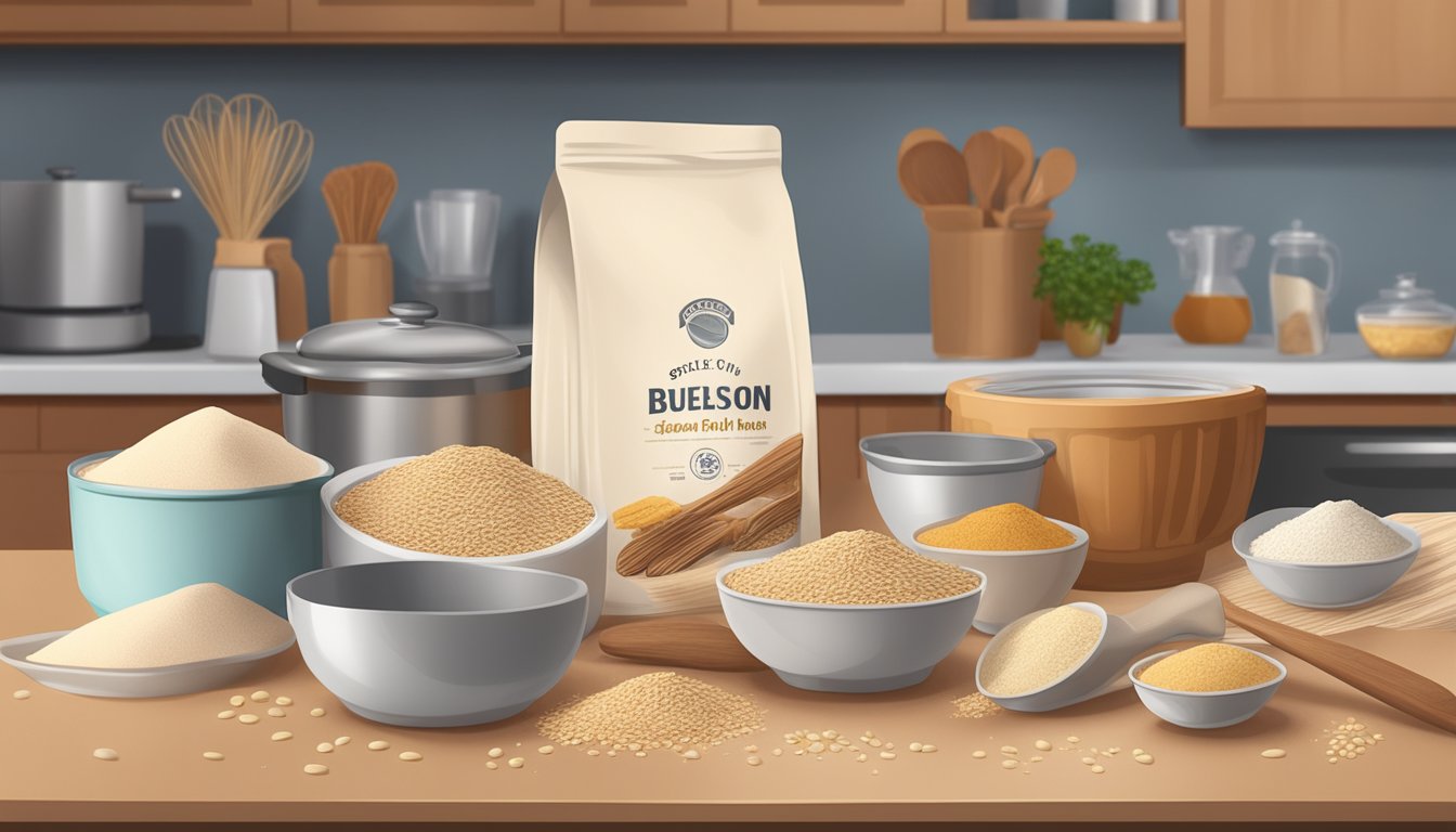 A bag of spelt flour sits open on a kitchen counter, surrounded by various baking ingredients and a measuring cup