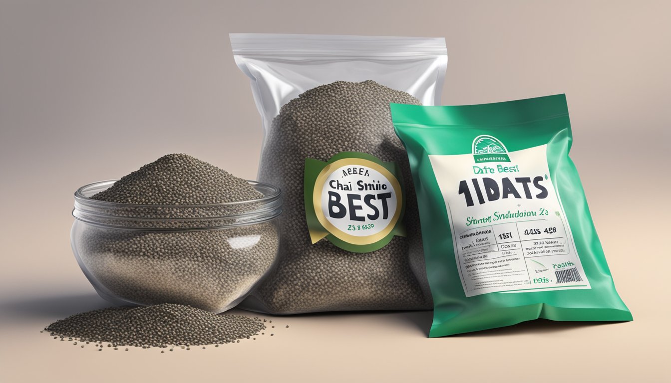 A pile of moldy chia seeds in an open bag next to a "best by" date label