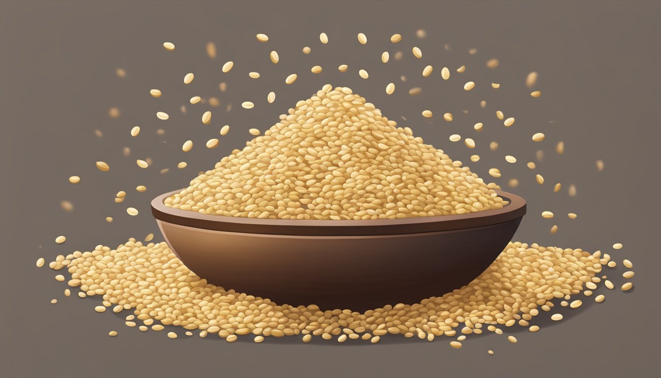 A pile of sesame seeds spilling out of an open container, with a few seeds scattered on a wooden surface. Some seeds are discolored or have a dull appearance