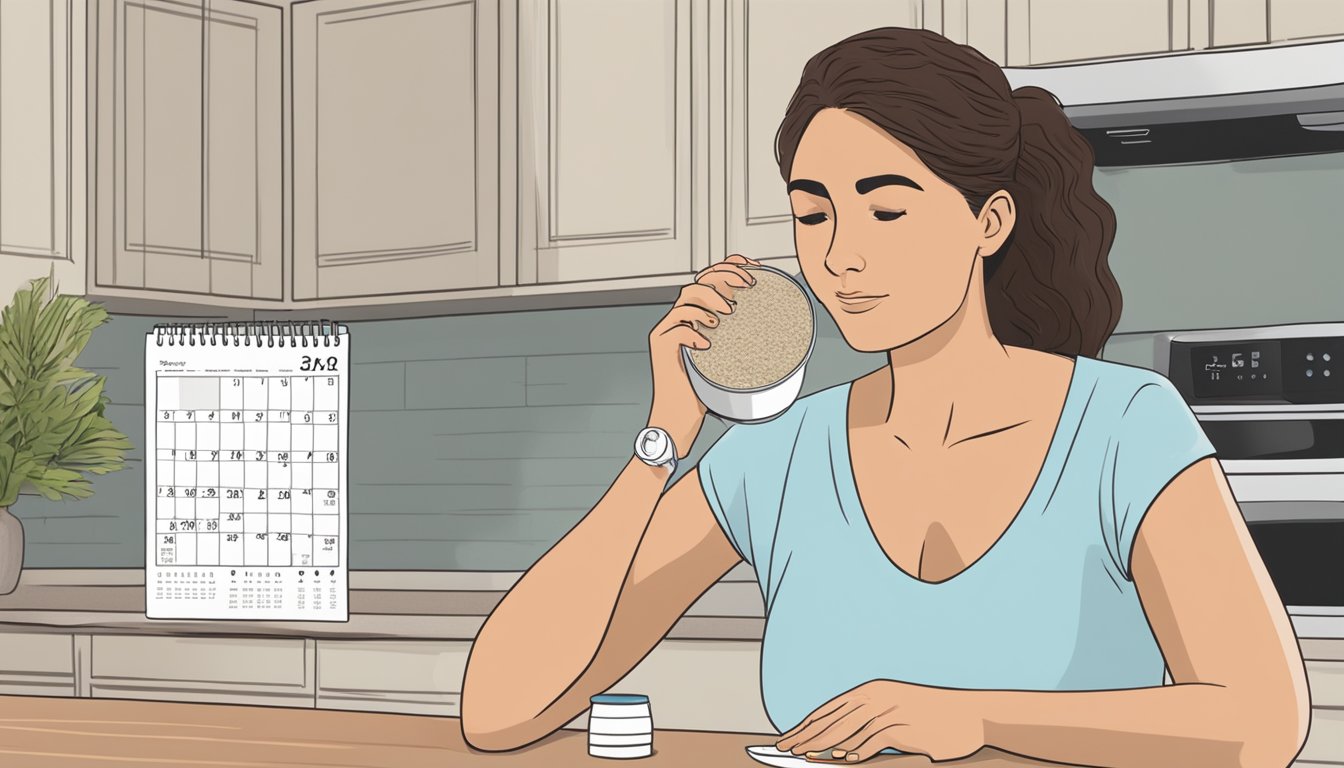 A container of chia protein powder sits on a kitchen counter next to a calendar showing the expiration date circled in red. A concerned person looks at the calendar with a furrowed brow