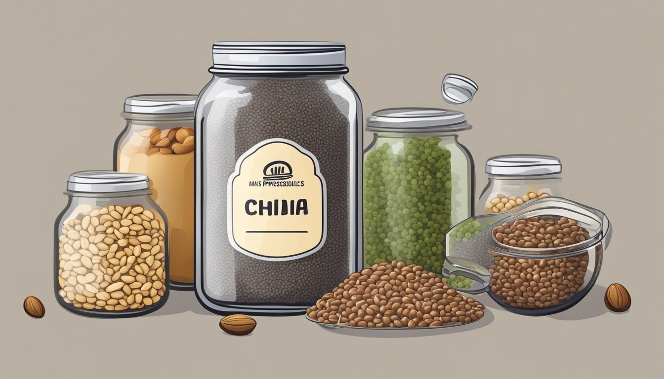 A jar of chia seeds with a label indicating expiration date, surrounded by various sources of protein such as nuts and beans