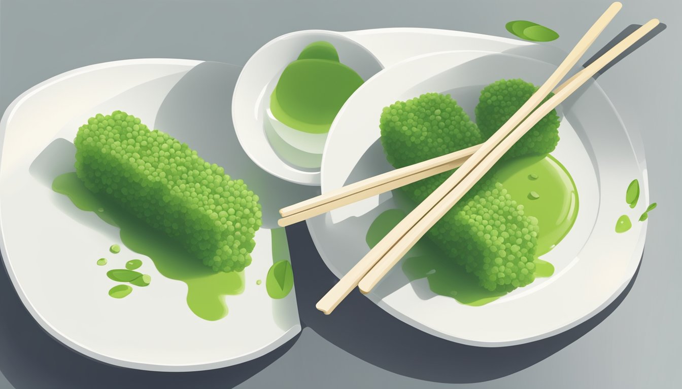 A small dish of wasabi sits on a clean, white plate, next to a pair of chopsticks. The wasabi is a vibrant green color, with a smooth, glossy texture