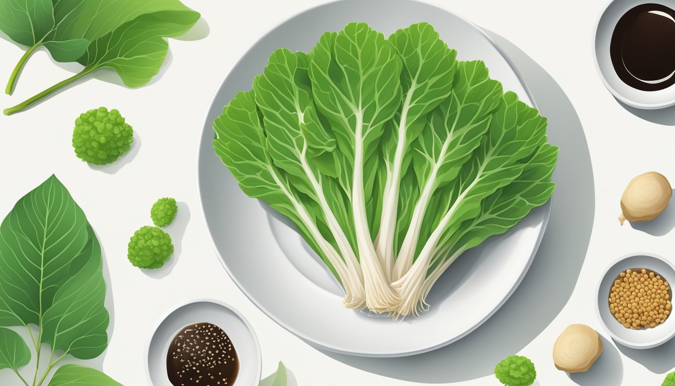 A vibrant wasabi root sits on a clean white plate, surrounded by green leaves and small dishes of soy sauce and pickled ginger