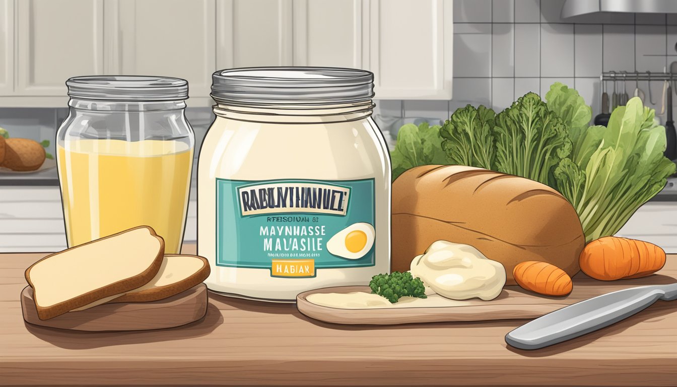 A jar of vegan mayonnaise sits on a kitchen counter, surrounded by fresh vegetables and a loaf of bread. The jar's label indicates it is dairy-free and egg-free