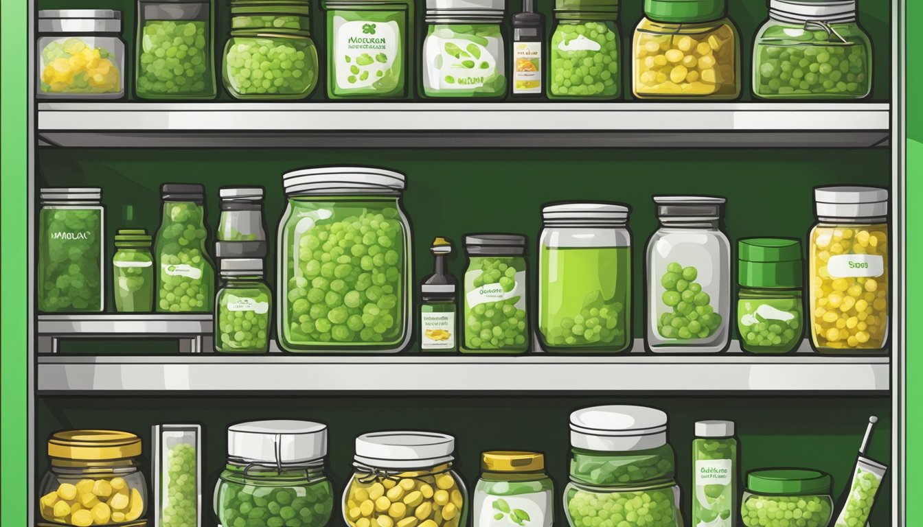 A jar of wasabi sits on a kitchen shelf, surrounded by other condiments. Its bright green color and pungent smell suggest its freshness