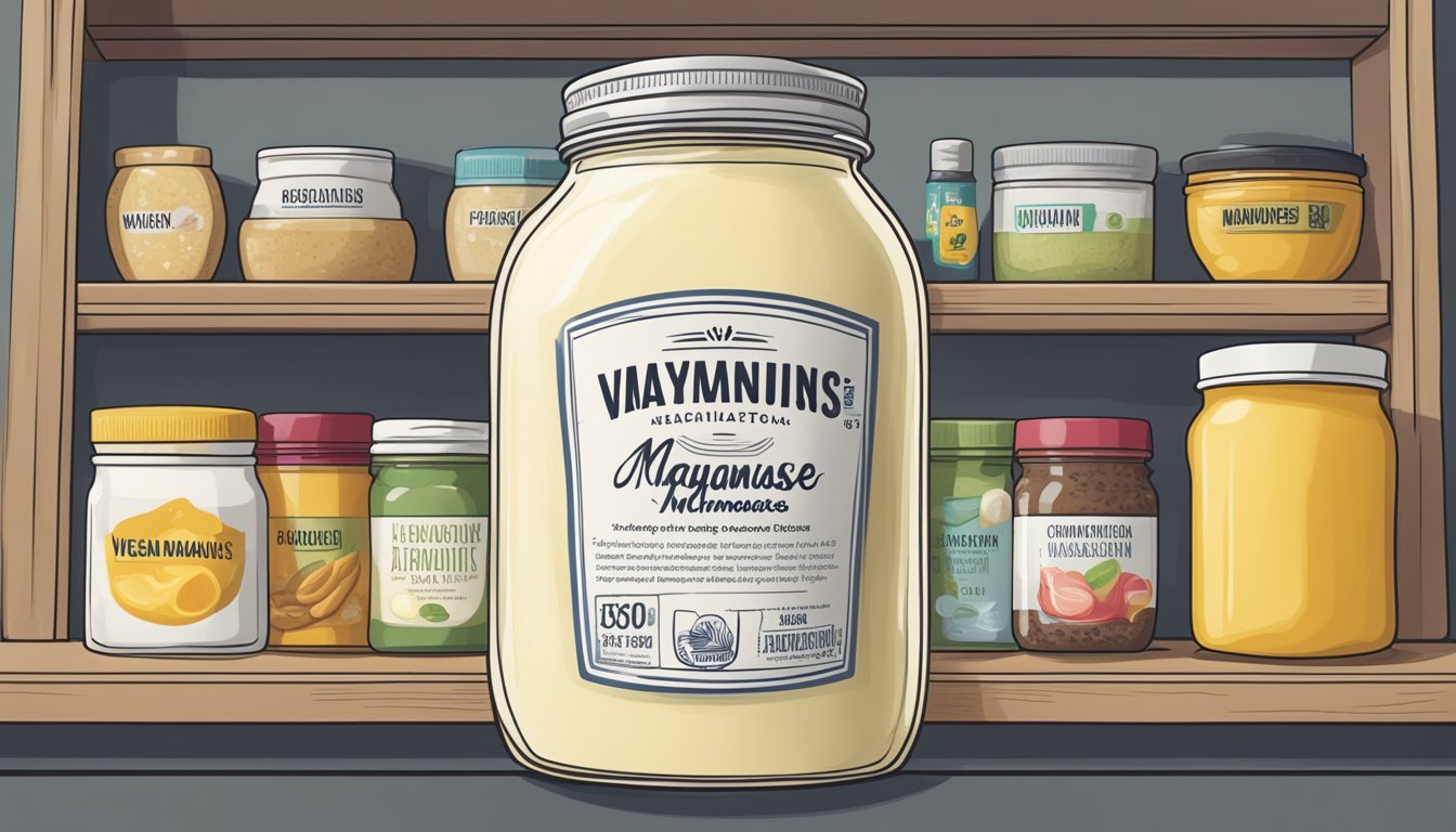 An open jar of vegan mayonnaise sits on a kitchen shelf, surrounded by other condiments. The label indicates the expiration date