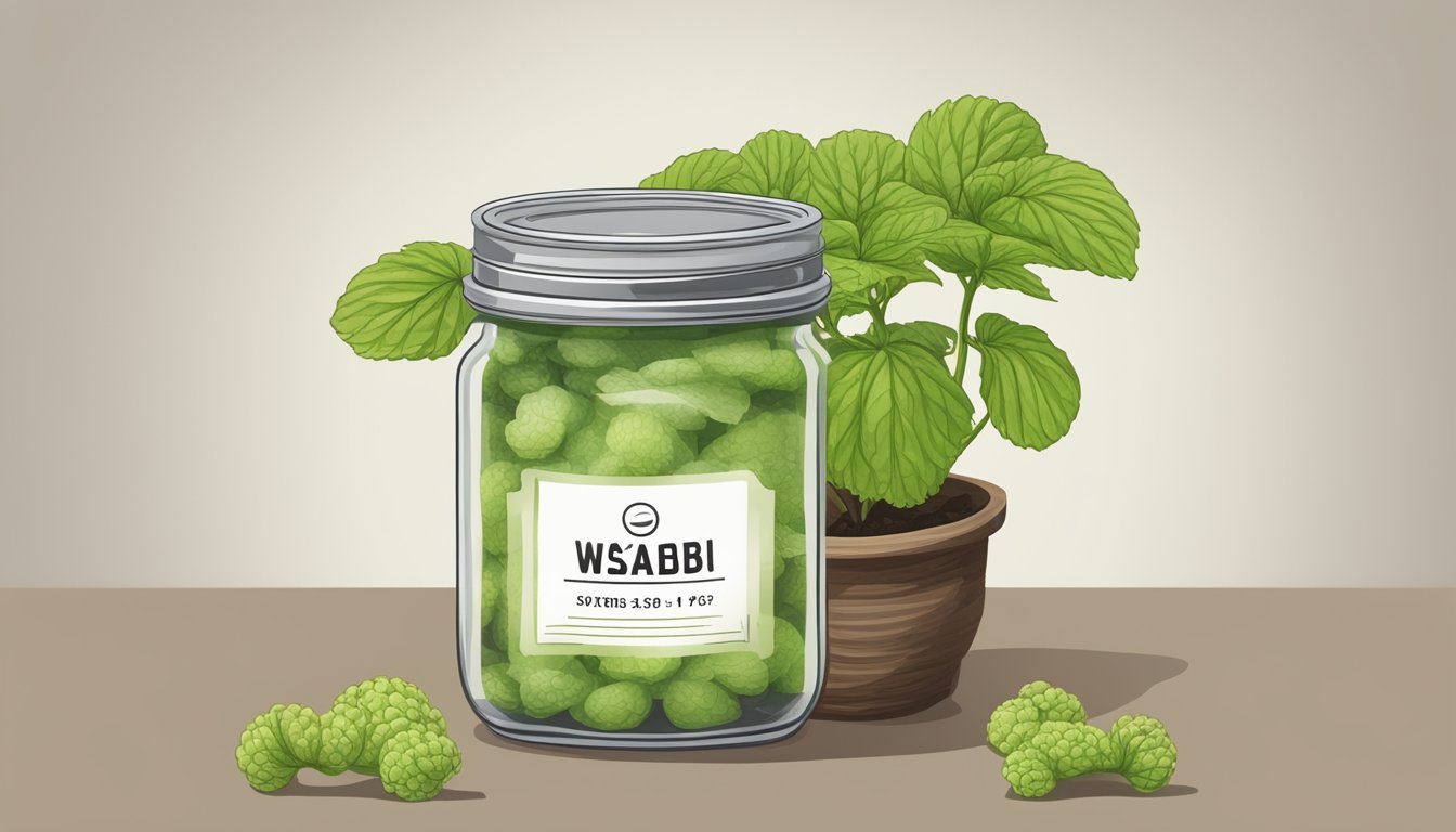 A wasabi plant in a jar, with a label displaying the expiration date