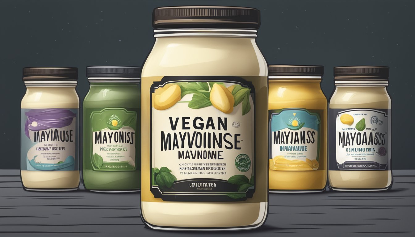 A jar of vegan mayonnaise sits in a cool, dark pantry next to other condiments. The lid is tightly sealed, and the label faces forward